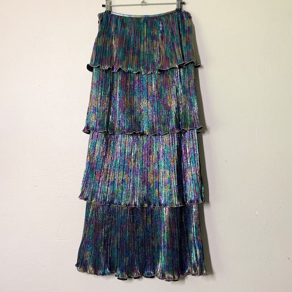 Saylor Gianna Skirt S Metallic Rainbow Tiered Midi Polyester Micro Pleated Party